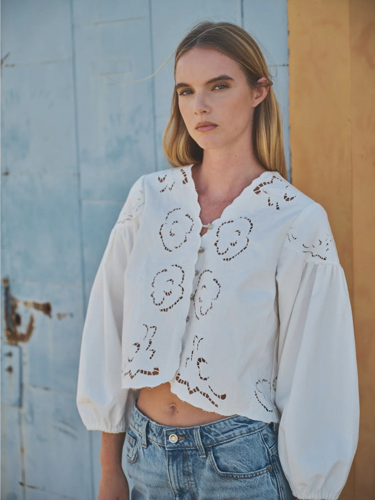 Aspen - Denim Embroidered Volume Sleeve Blouse