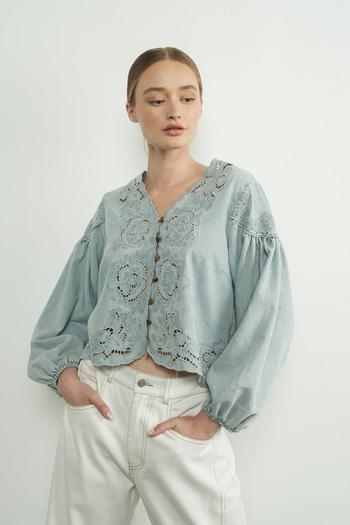 Aspen - Denim Embroidered Volume Sleeve Blouse