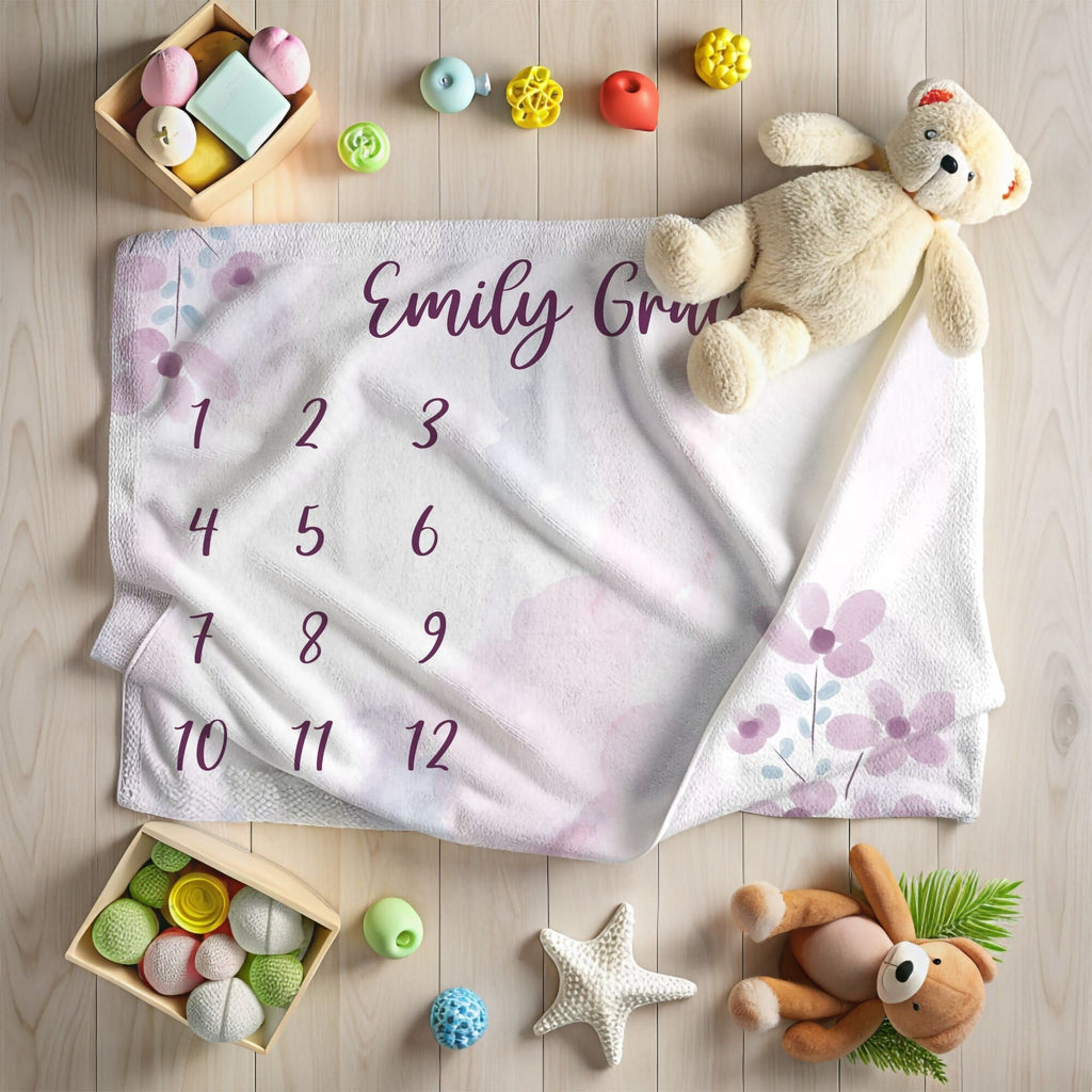 Baby Milestone Blanket Personalized, Purple floral fleece blanket, Newborn Baby Girl Age Blanket, Infant Month to Month First Year Blanket