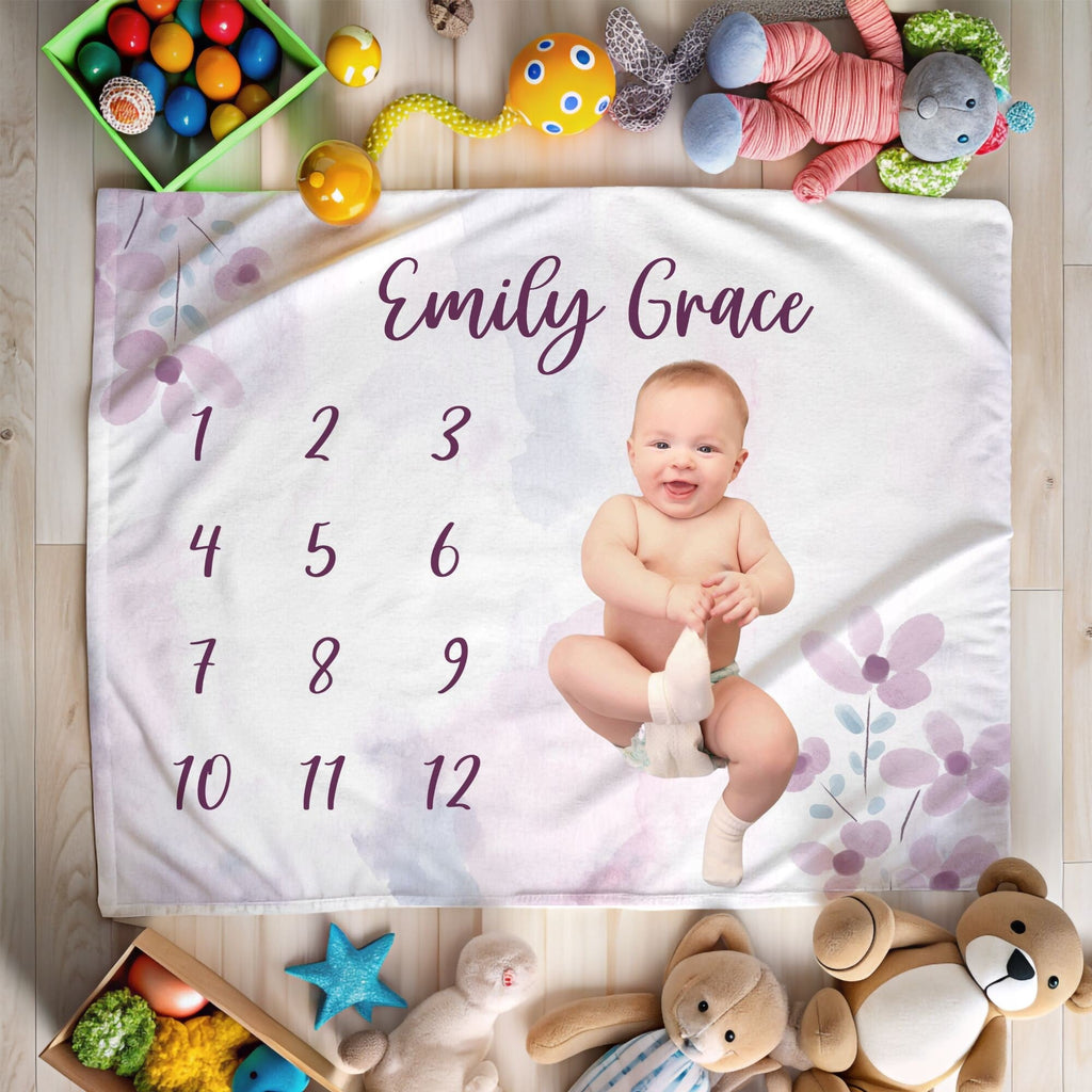 Baby Milestone Blanket Personalized, Purple floral fleece blanket, Newborn Baby Girl Age Blanket, Infant Month to Month First Year Blanket